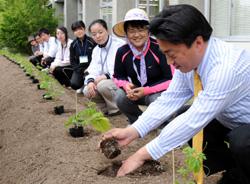 植え方の手本を示す市長