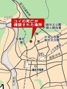 コイの死亡が確認された場所の地図