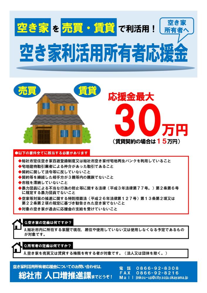 空き家利活用所有者応援金のご案内の画像